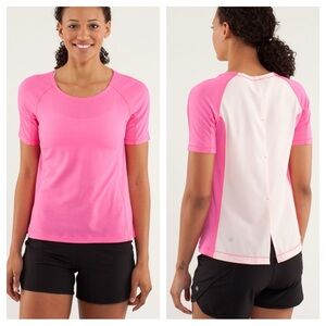 Lululemon Run Silver Lining Short‎ Sleeve T Shirt 8 Pink White Split Back